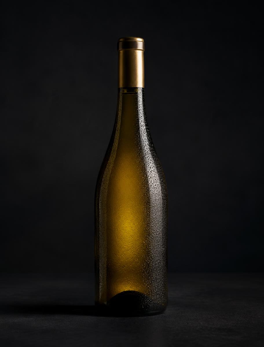 Chilled bottle of white wine lit softly against a dark background