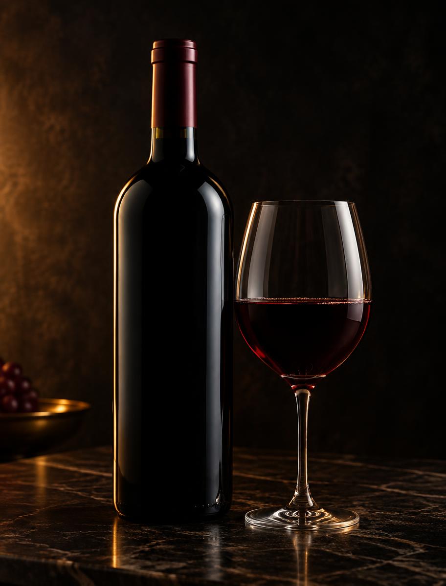 Bottle of red wine beside a filled glass on dark marble