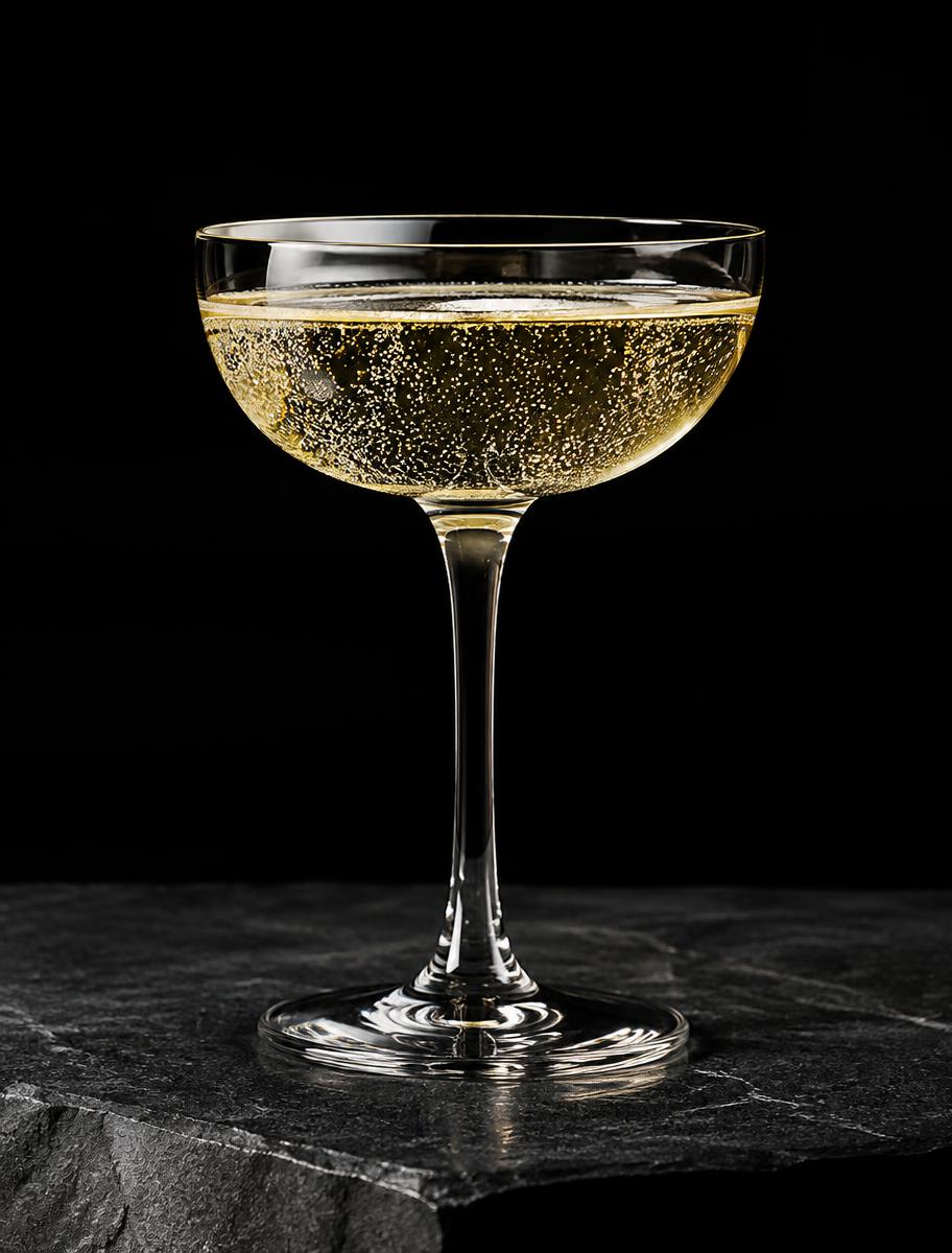 Coupe glass of sparkling wine with fine bubbles on dark stone