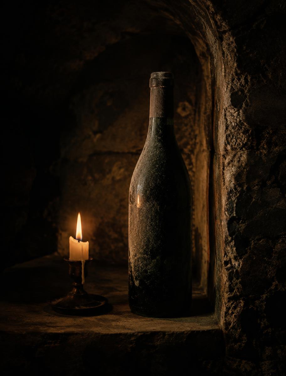 Dusty old bottle resting in a cellar niche beside a lit candle