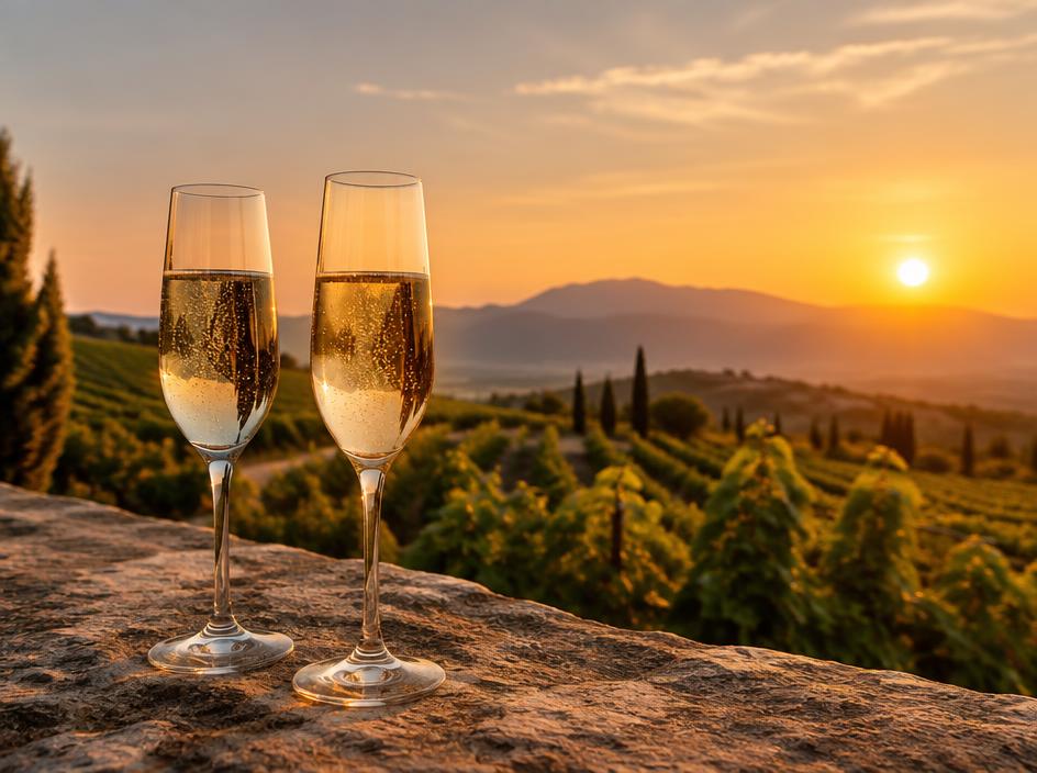 Two glasses of sparkling wine on a stone ledge as the sun sets over the vines