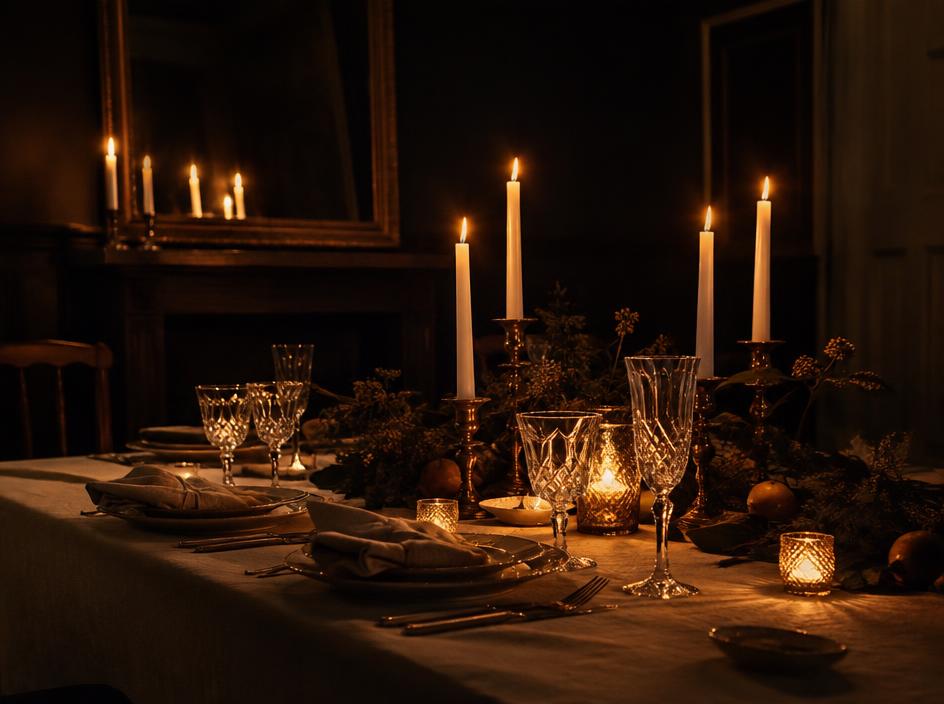 Dinner table set with tall candles, crystal and linen in a dark room