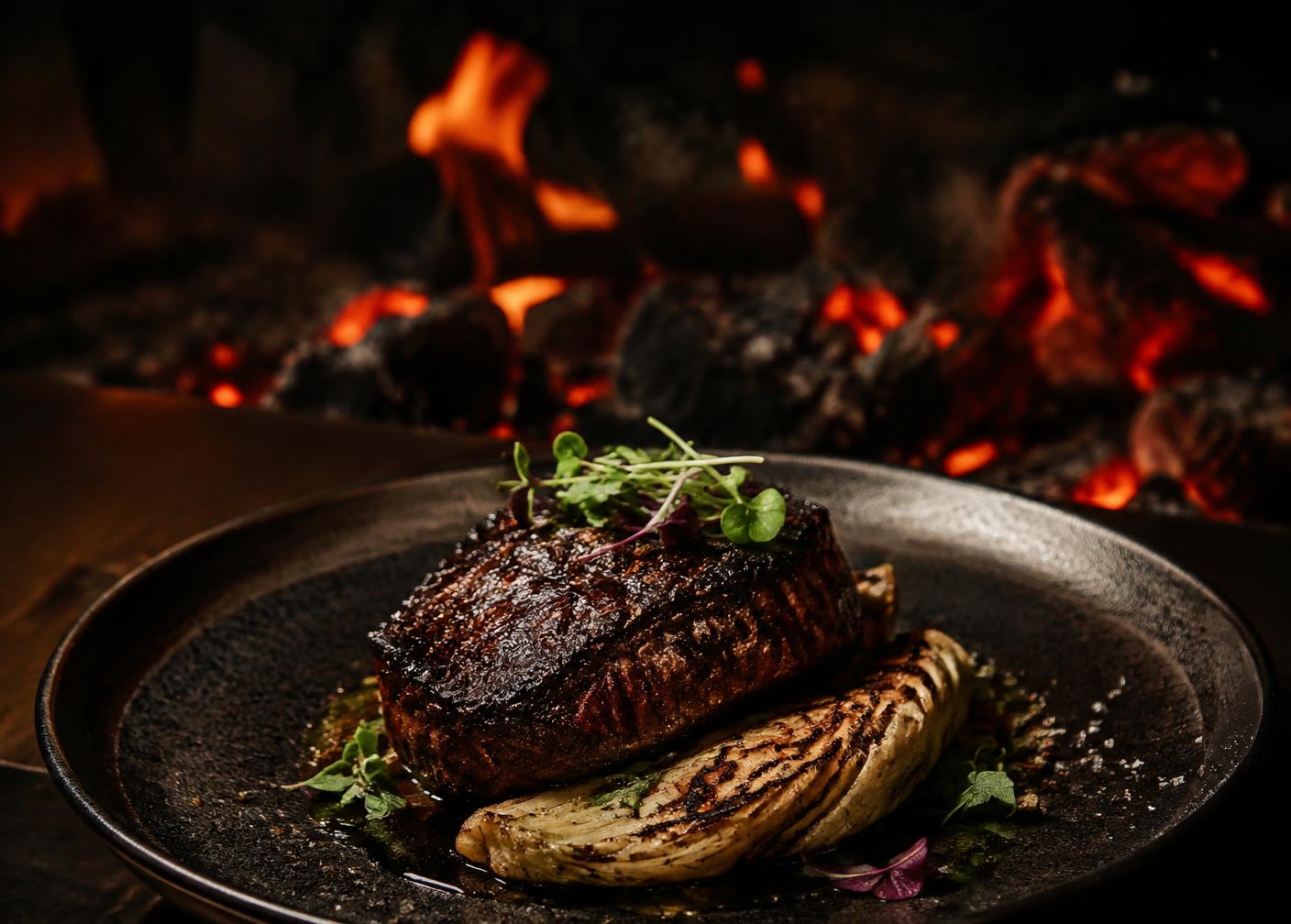 Beef cooked over open coals with charred fennel on a dark plate