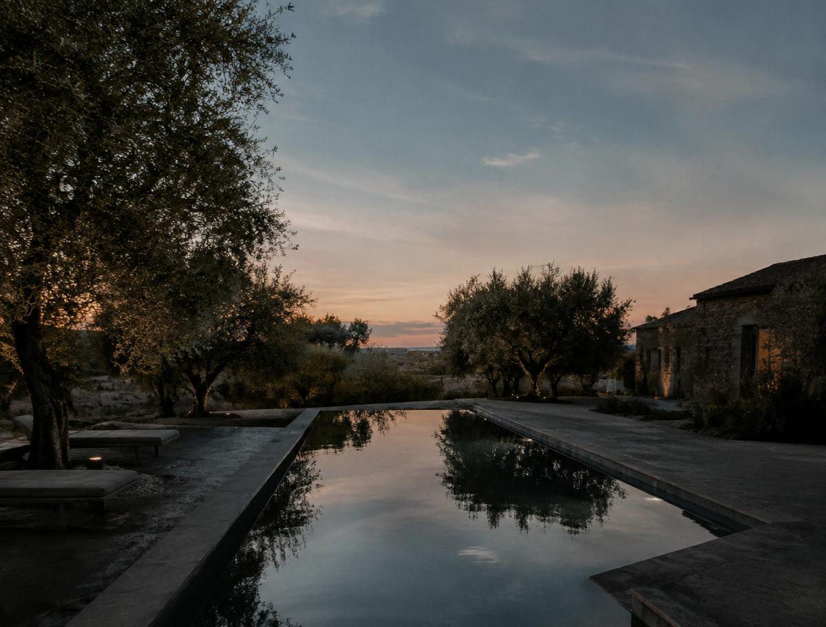 Still dark pool bordered by olive trees at dusk