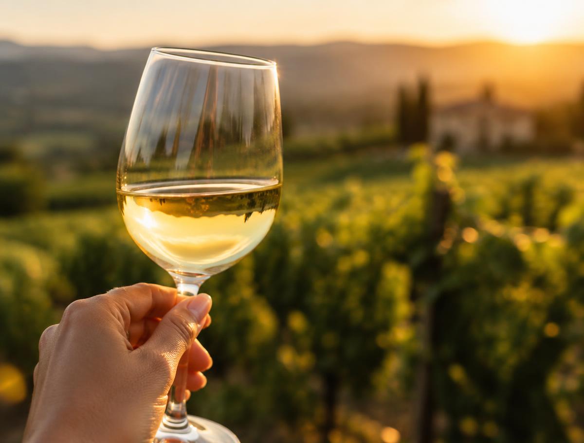 Hand holding a glass of white wine above sunlit vines
