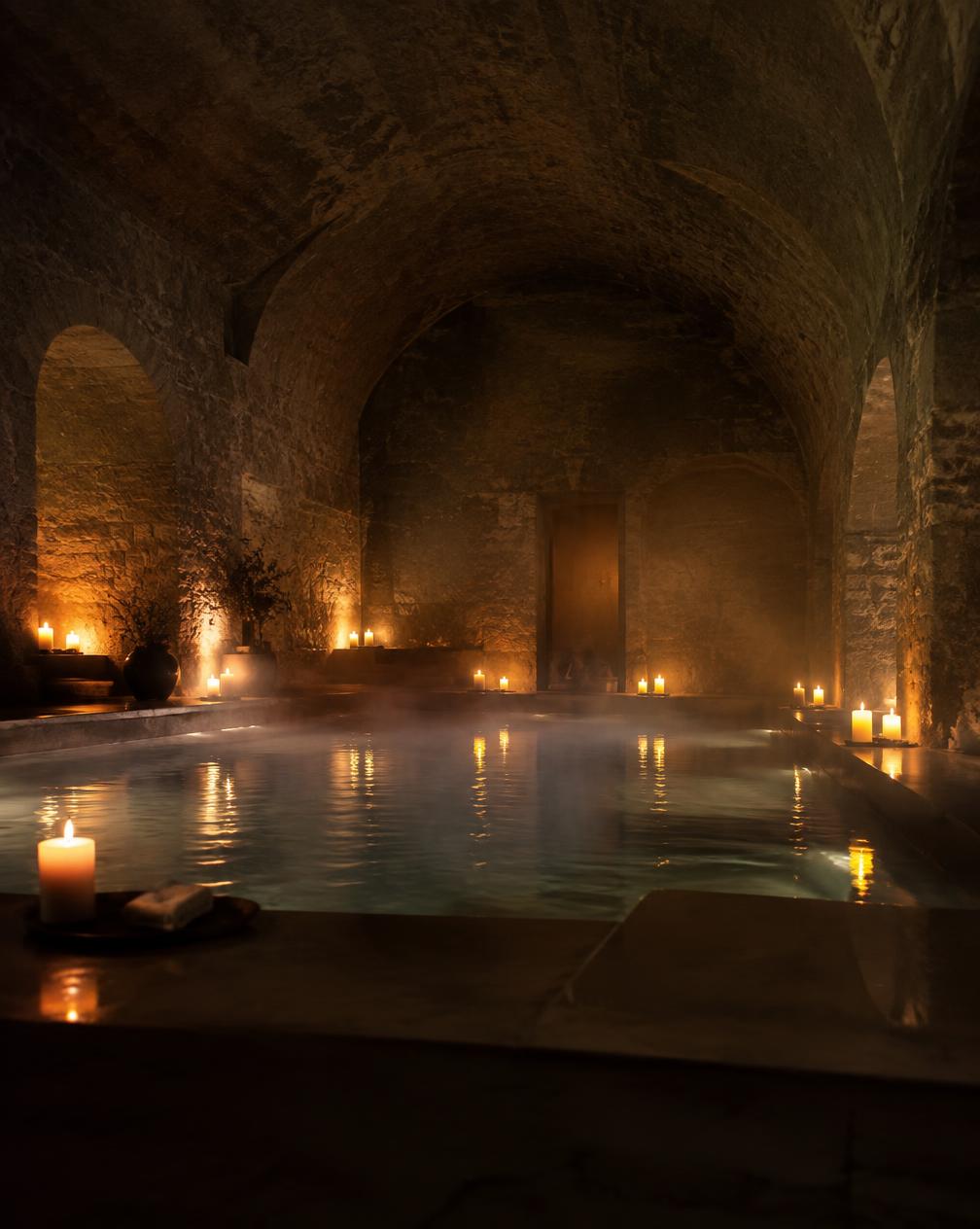 Candlelit thermal pool beneath a vaulted stone ceiling