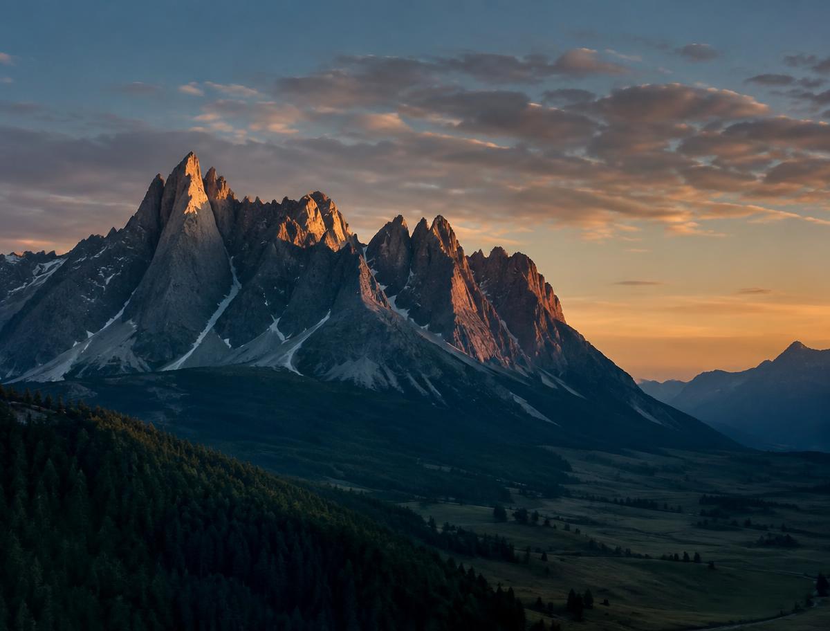 Granite peaks catching the last light above a green valley