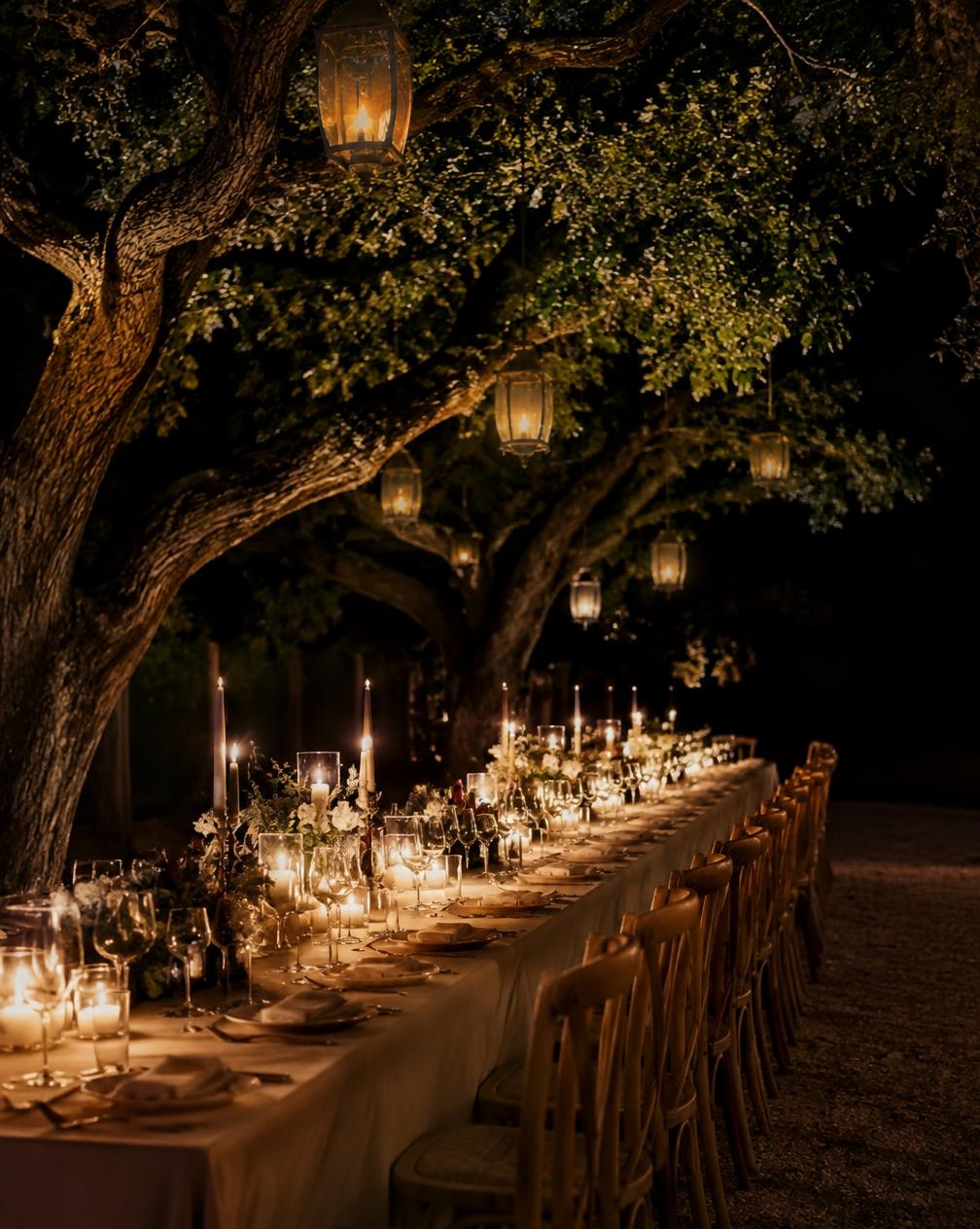 Long table set with candles and lanterns beneath old oak trees at night