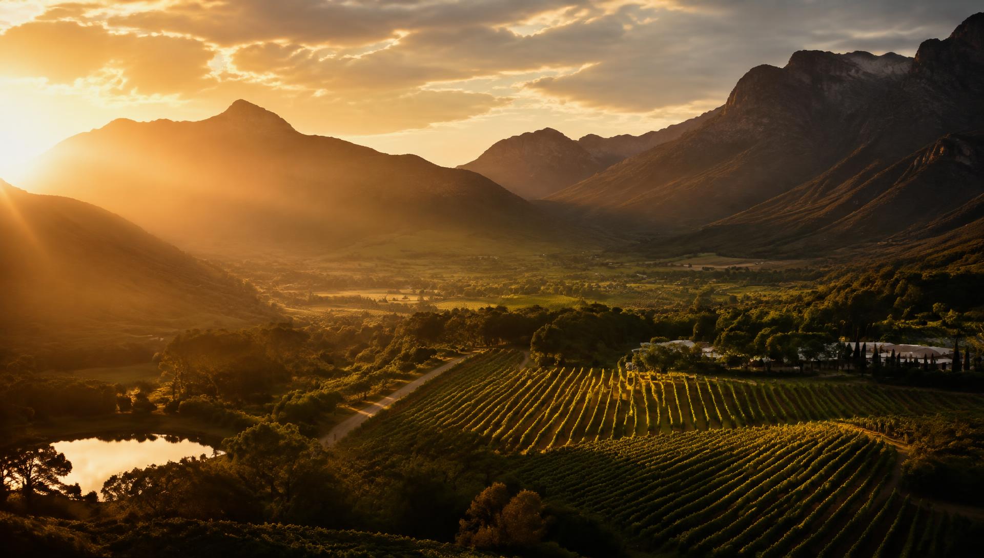 Vineyards and mountains of the Franschhoek valley at golden hour