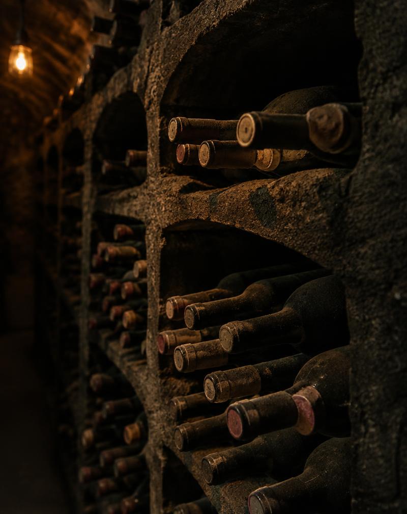 Aged bottles resting in a stone cellar rack