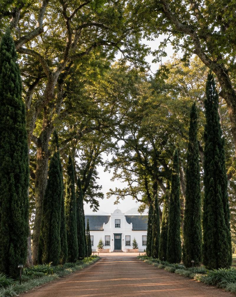 Tree lined avenue leading to a whitewashed Cape Dutch manor house
