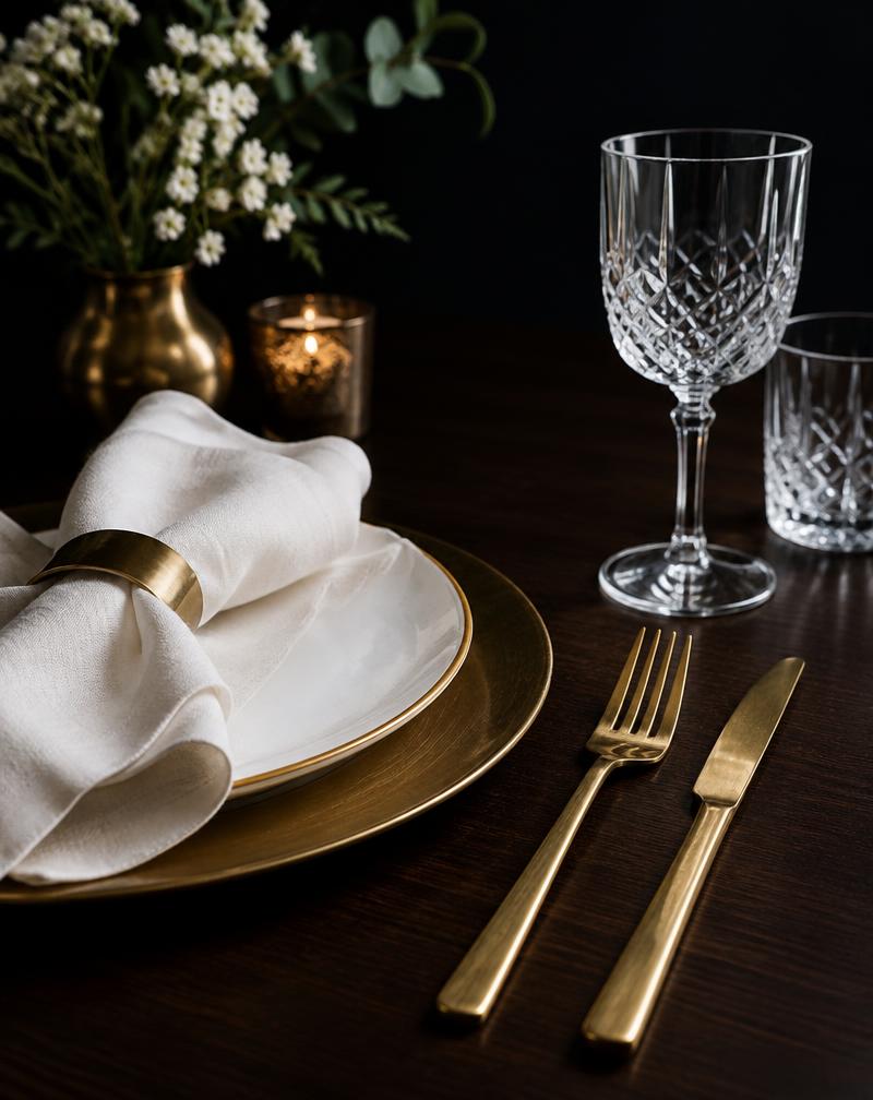Table setting with brass cutlery, crystal glass and ivory linen