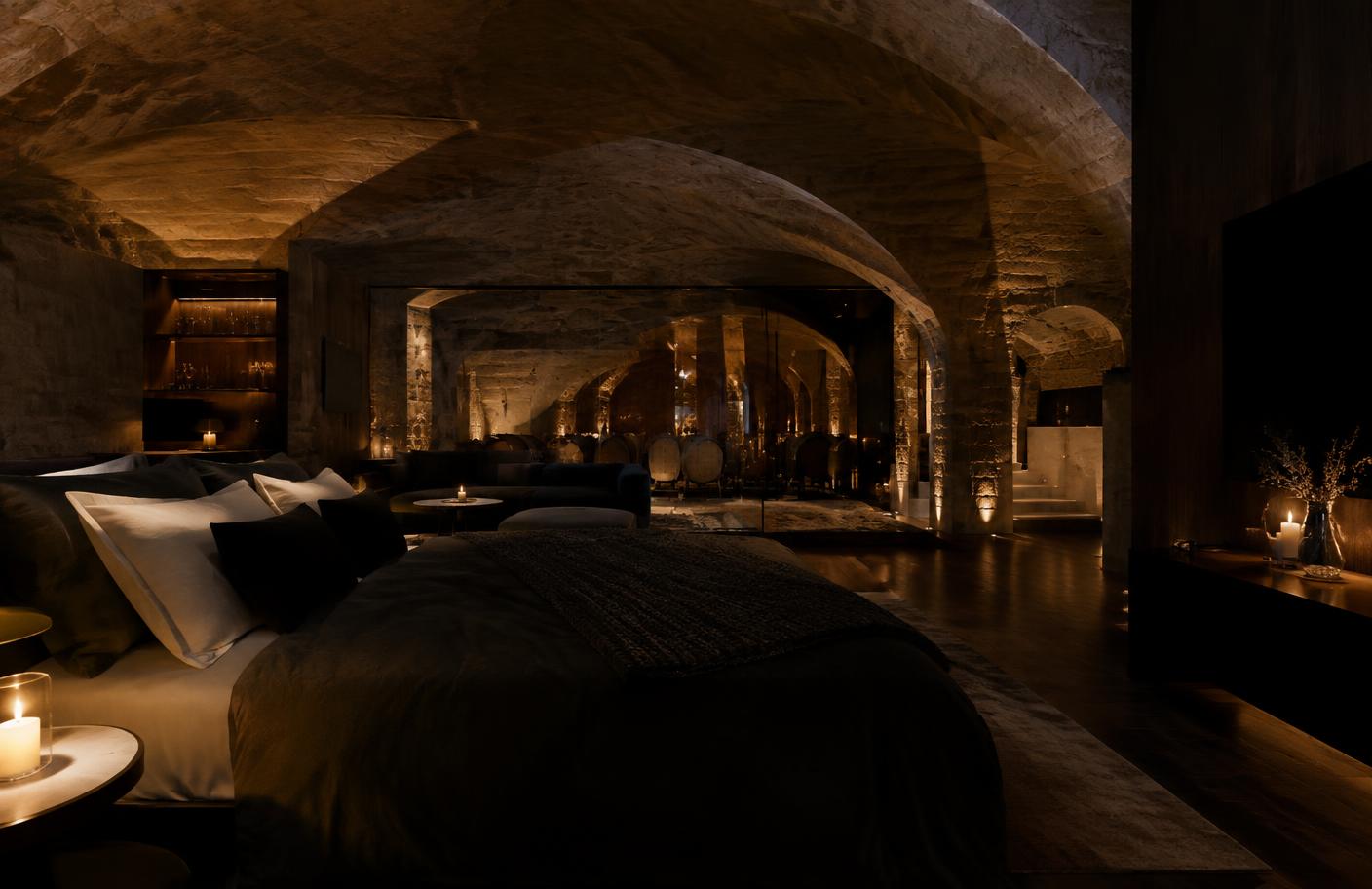 Vaulted stone suite lit by candles with wine barrels beyond a glass wall