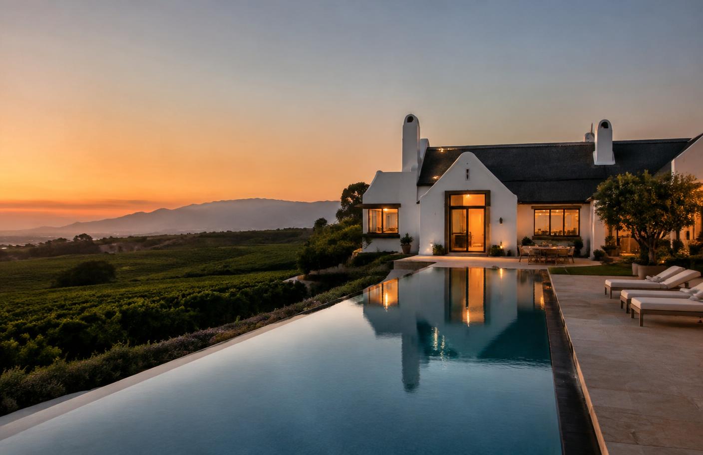Cape Dutch residence with a long pool reflecting the last light of the day